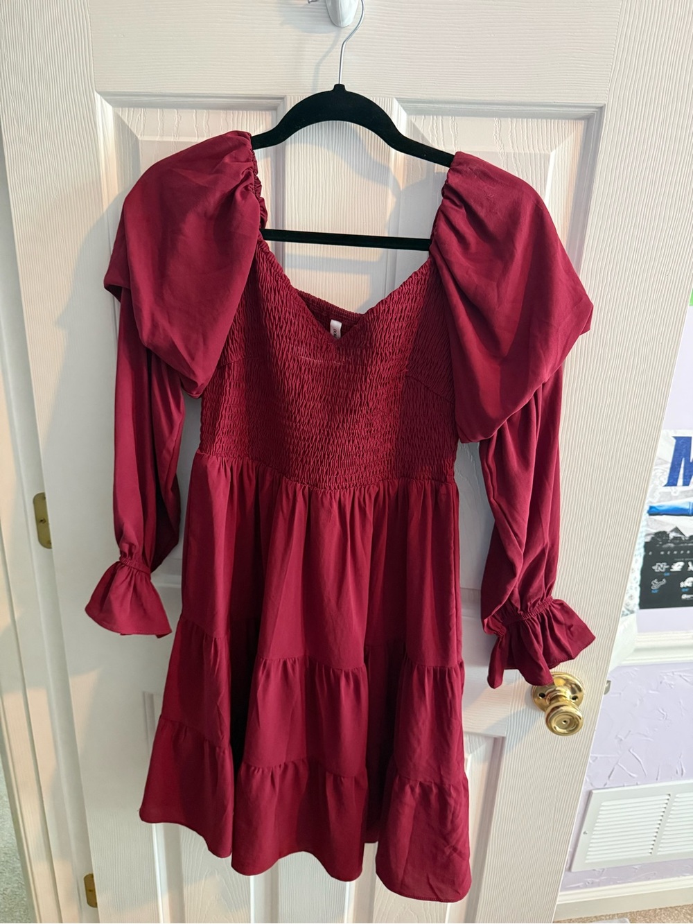 SHEIN Burgundy Puff-Sleeve Smocked Mini Dress